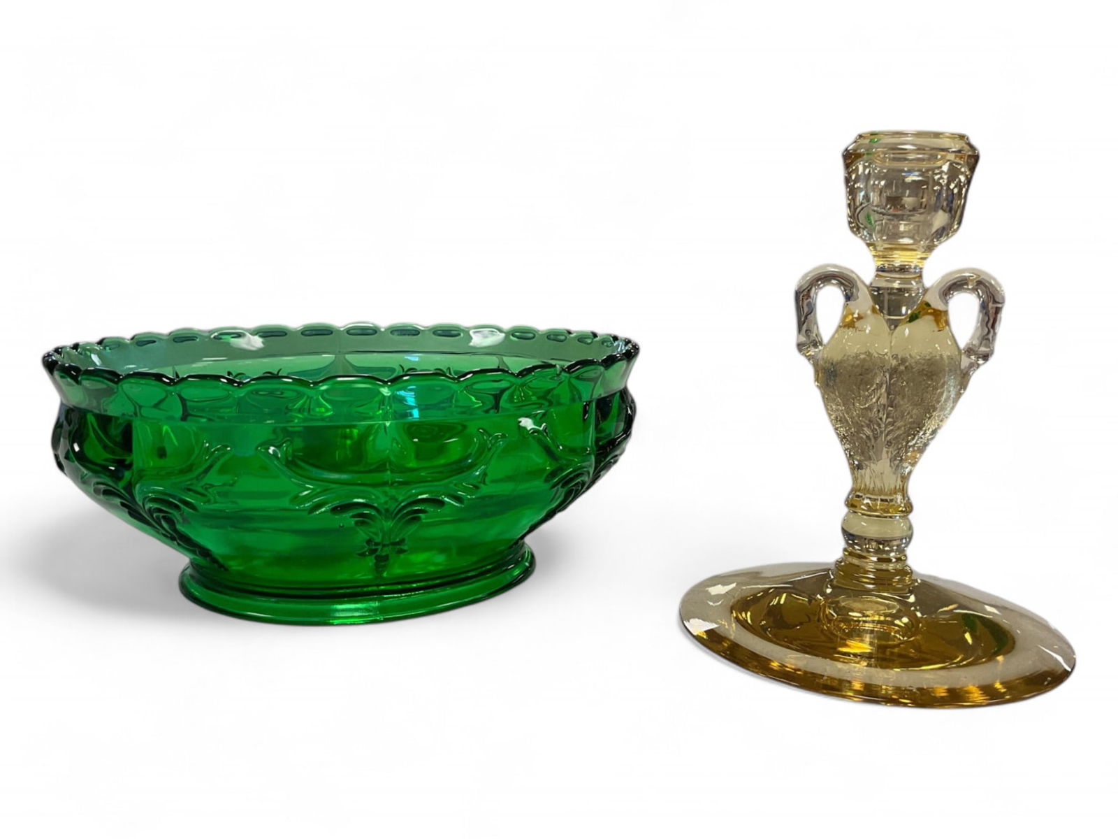 Heisey Emerald Wing Scroll Bowl and Sahara Swan Candlestick: Heisey Emerald Wing Scroll Bowl and Sahara Swan Candlestick