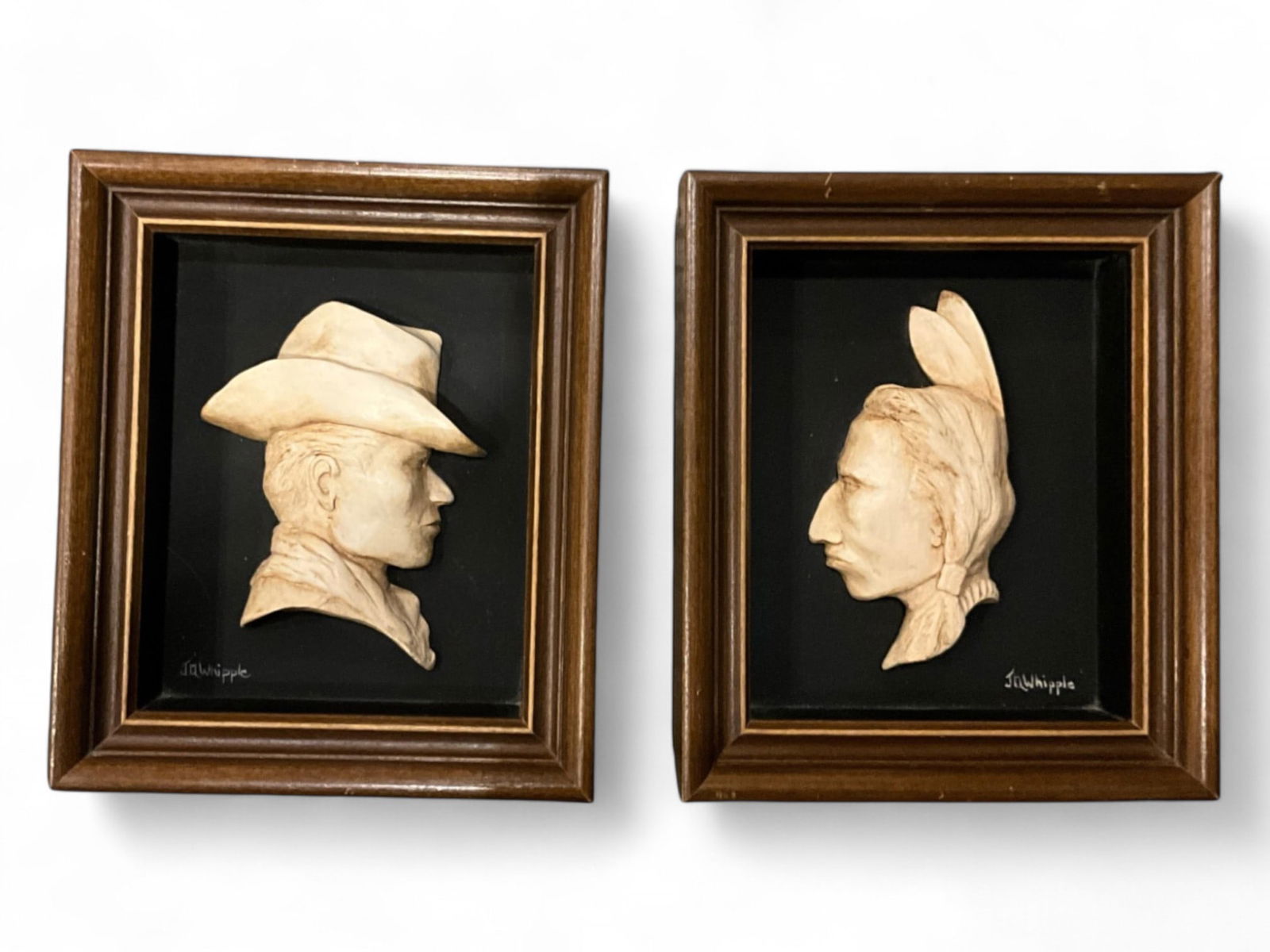 Unique Composition Relief Sculpture Cowboy and Indian Shadow Box Figures, Signed by Joseph Q. (1 of 4)