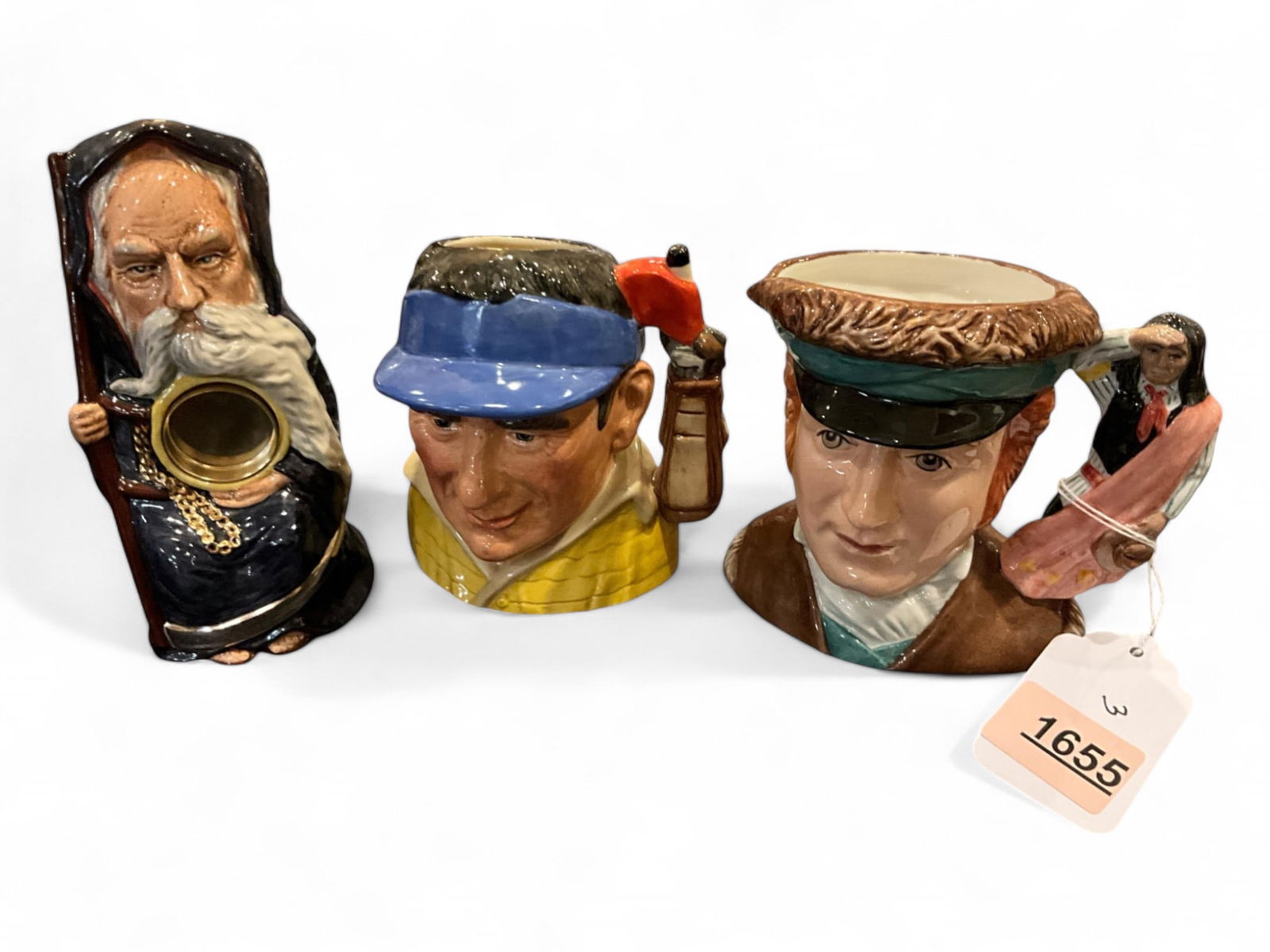 Small Royal Doulton Character Jugs: Small Royal Doulton Character Jugs(3) Father Time (timepiece missing), The Golfer, William Clark.