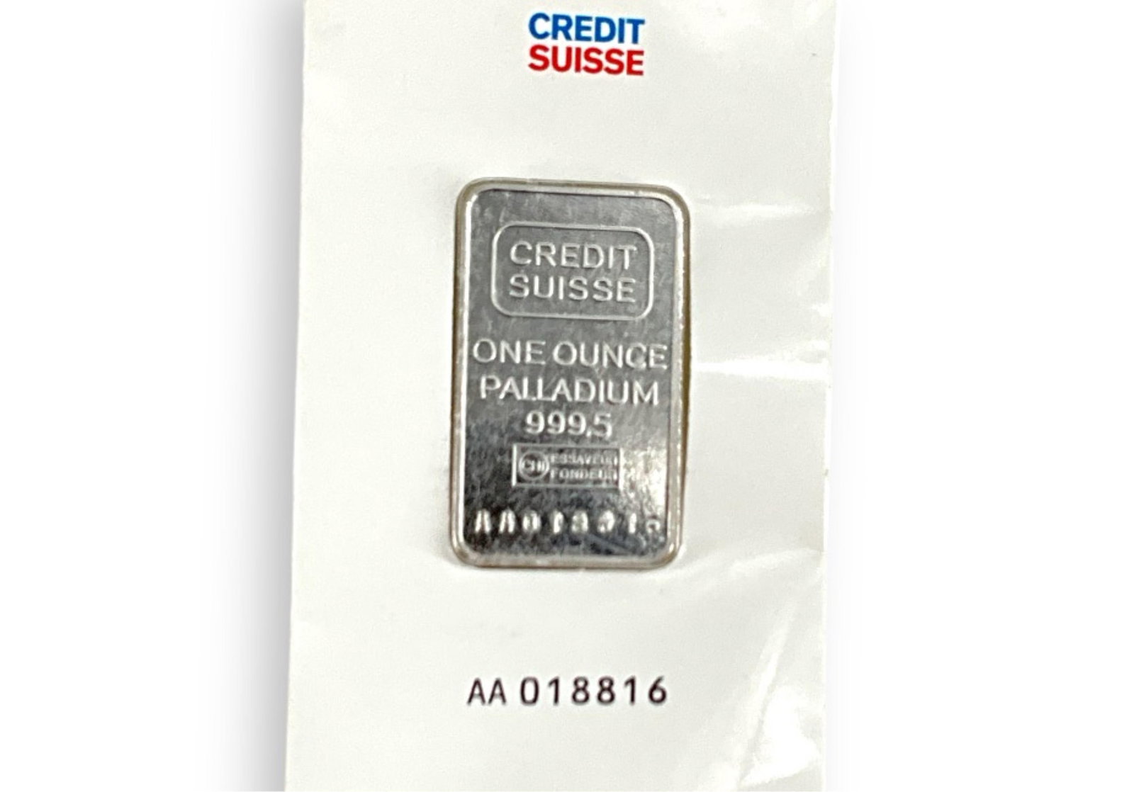 1 oz. Palladium Bar from Credit Suisse: 1 oz. Palladium Bar from Credit SuisseThree-nines-fine, from Credit Suisse, stamped and tested, individually numbered, 1 oz. in weight.