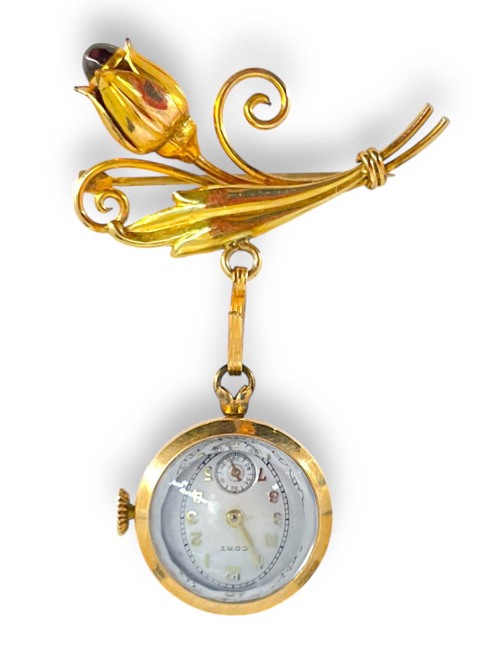 Sweet Pendant Watch on Gold-Filled Floral Pin: Sweet Pendant Watch on Gold-Filled Floral Pin Lot has a vintage gold-filled floral pin with a red cabochon floral top, pin is approx 1 1/2" wide. Brooch has an attached jump ring which holds a "Cort" 