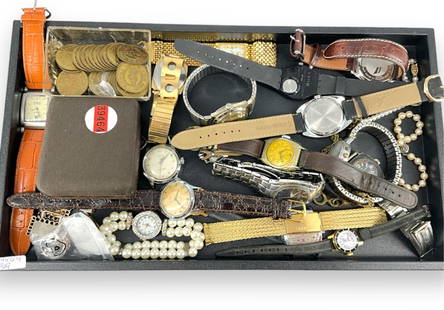 Watches & Accessories: Watches & AccessoriesPearl bracelet with gold filled clasp, several tokens, watch ring, acorn pendant on watch chain, watches and loose faces with designs from Timex, Seiko, Nautica, Permax, Citizen &