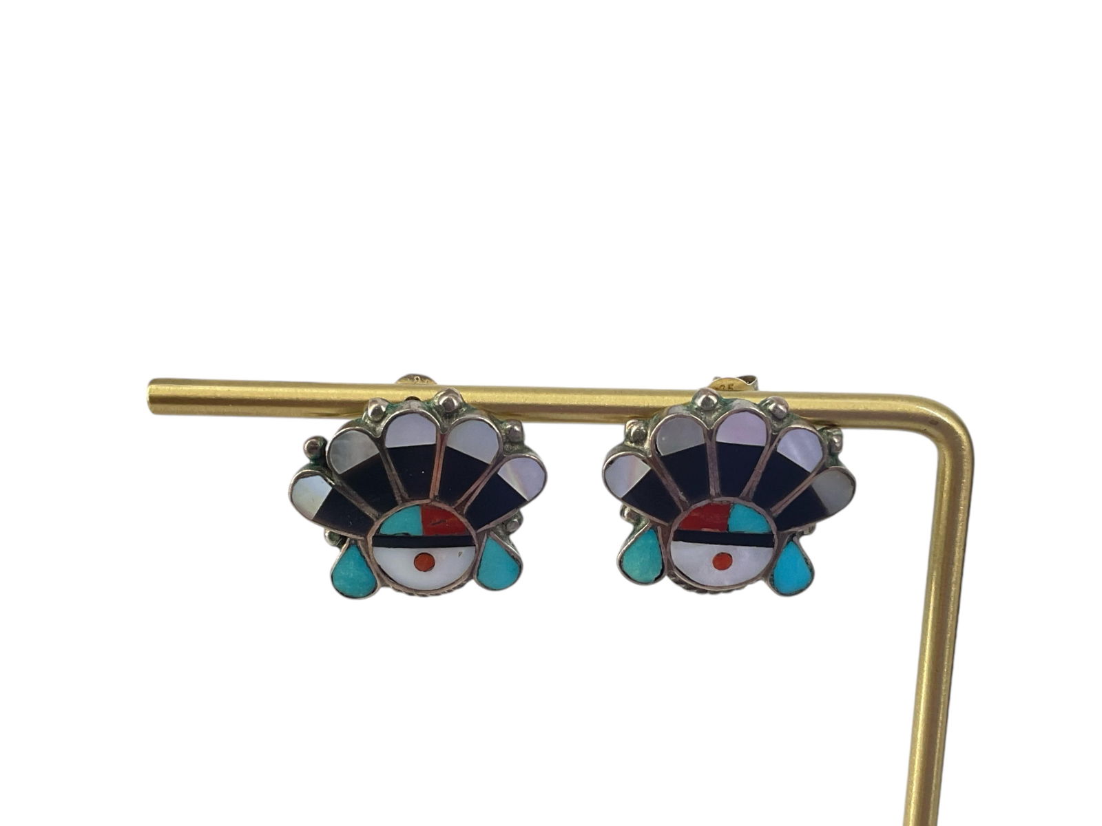 Signed Inlaid Mother-of-Pearl, Onyx & Turquoise Earrings in Silver (1 of 6)