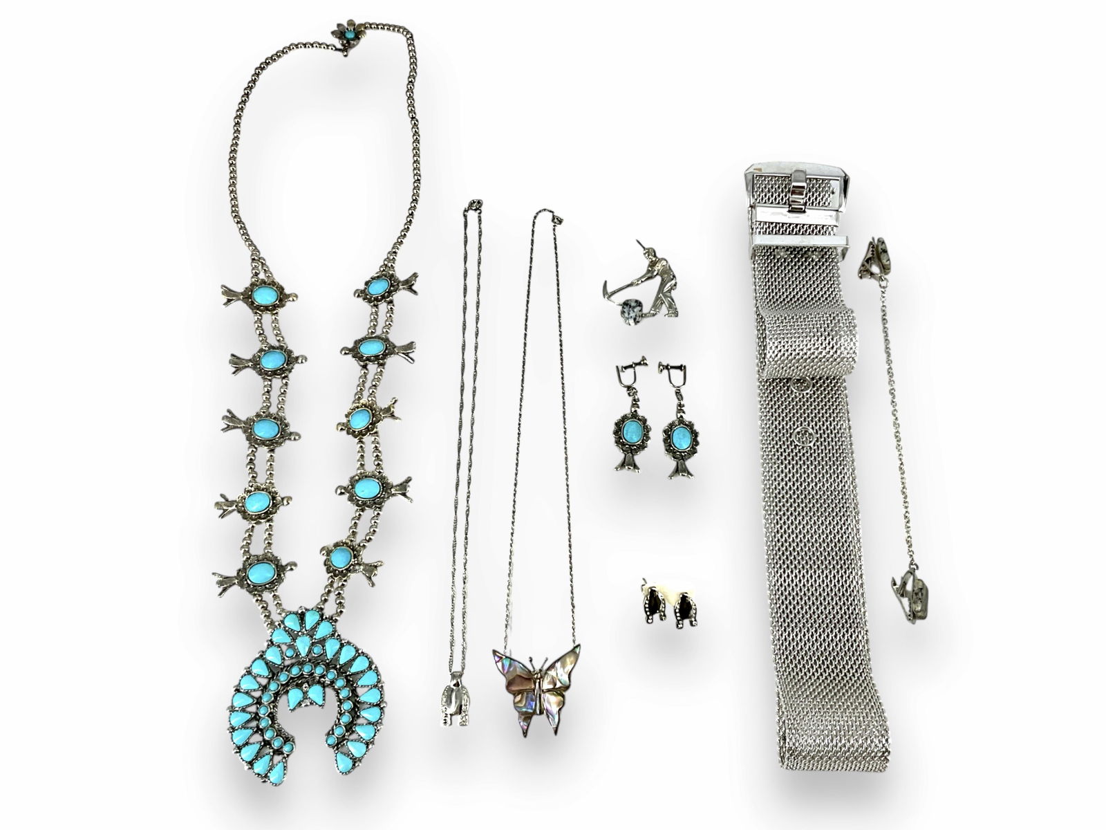 Silver-Tone Squash Blossom Necklace, Silver Butterfly Necklace w/Abalone Wings, Silver-Tone Necklace (1 of 13)