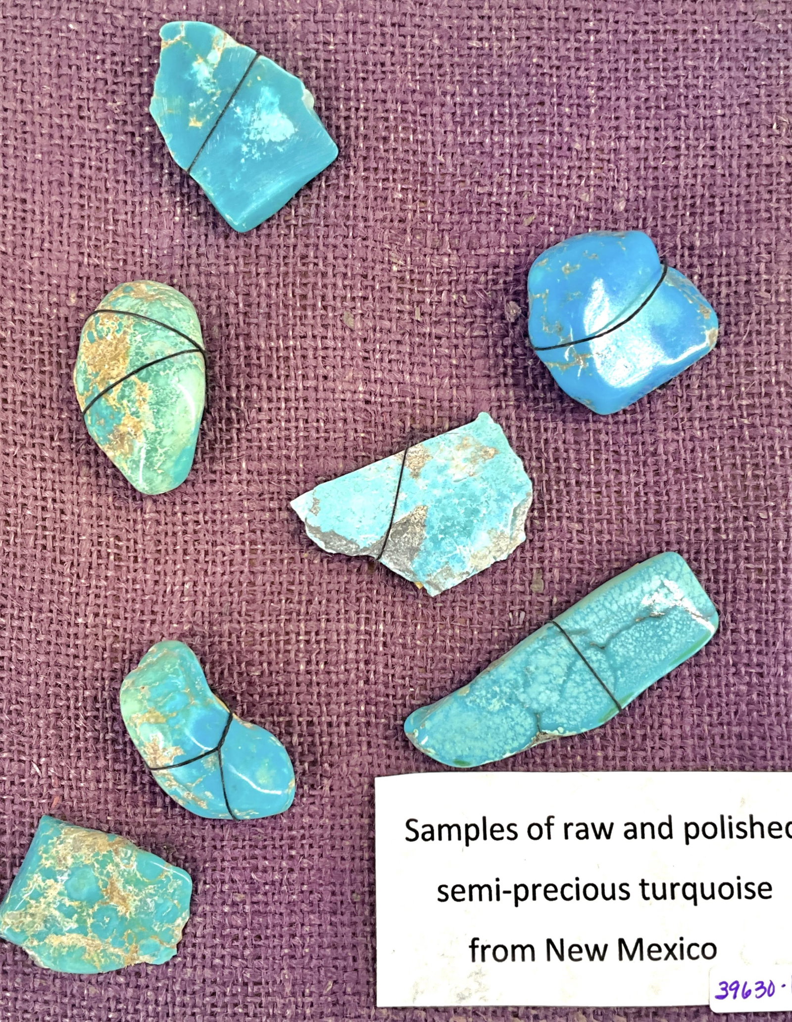 Seven Pieces of Raw and Polished Semi-Precious Turquoise: Seven Pieces of Raw and Polished Semi-Precious Turquoise Seven pieces of raw and polished semi-precious turquoise stones from New Mexico are offered here. These stones are attached to a 9 x 7" burlap-