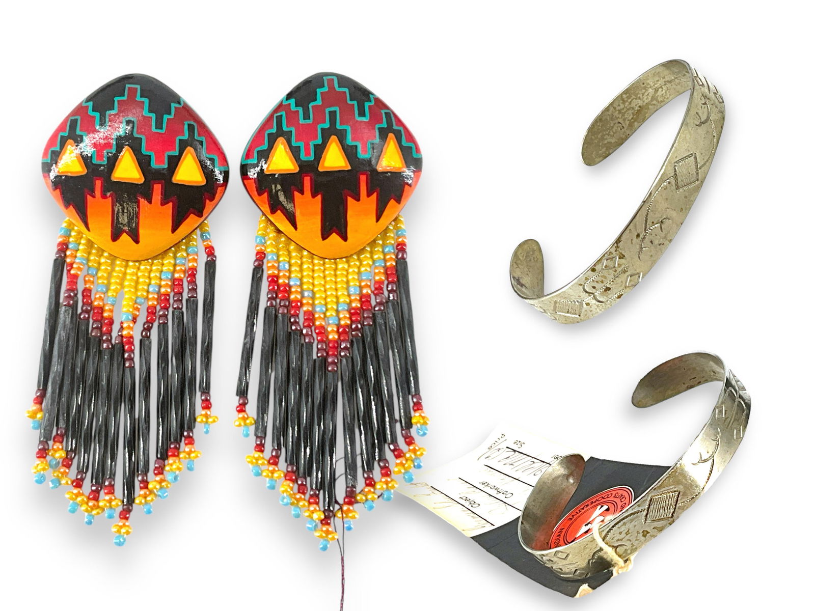 Signed Southwestern Earrings and Two Silver-Tone Bracelets (1 of 7)