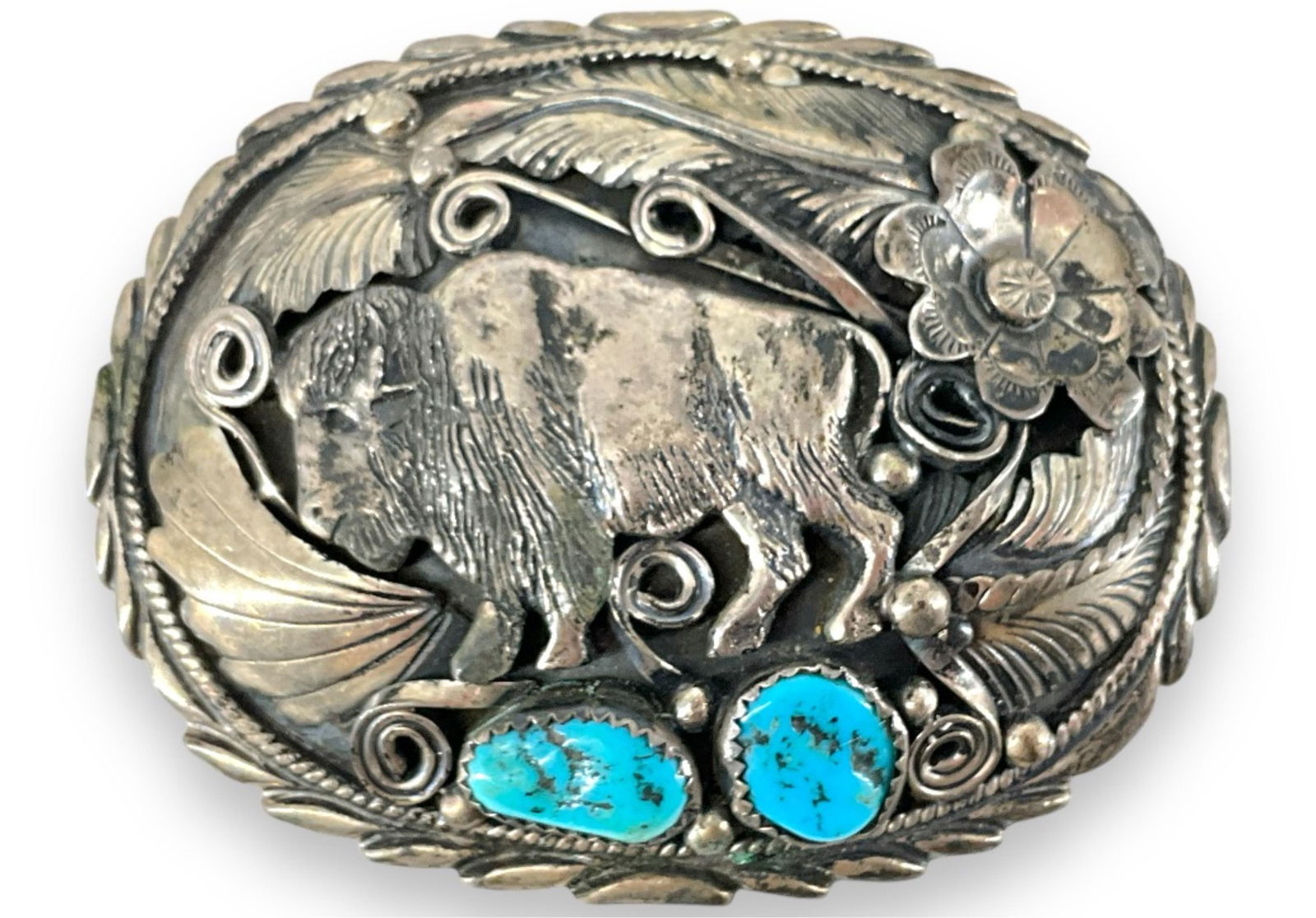 Signed Sterling Silver Turquoise Belt Buckle (1 of 5)
