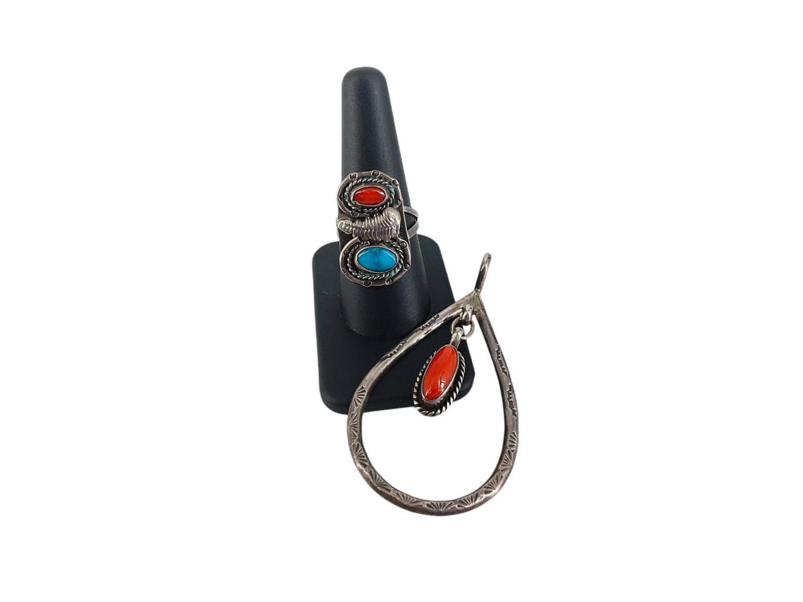 Vintage Silver Southwestern Pendant and Ring: Vintage Silver Southwestern Pendant and Ring Lot contains a tested silver Southwest style pendant which is approx 3" tall with an open tear-drop shape having a center, bezel-set coral drop @ approx 1"