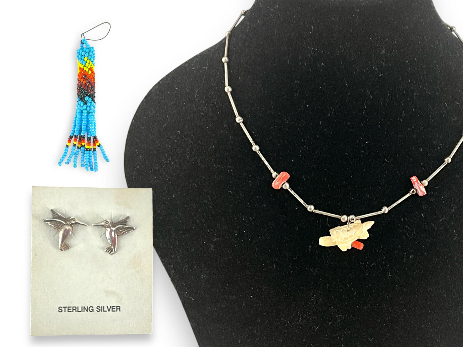 Southwest Turtle Necklace, Silver Hummingbird Earrings and Native American Beaded Pendant: Southwest Turtle Necklace, Silver Hummingbird Earrings and Native American Beaded Pendant Lot has a tested silver necklace which is approx 15" long and features a center turtle (1" long) carved from s