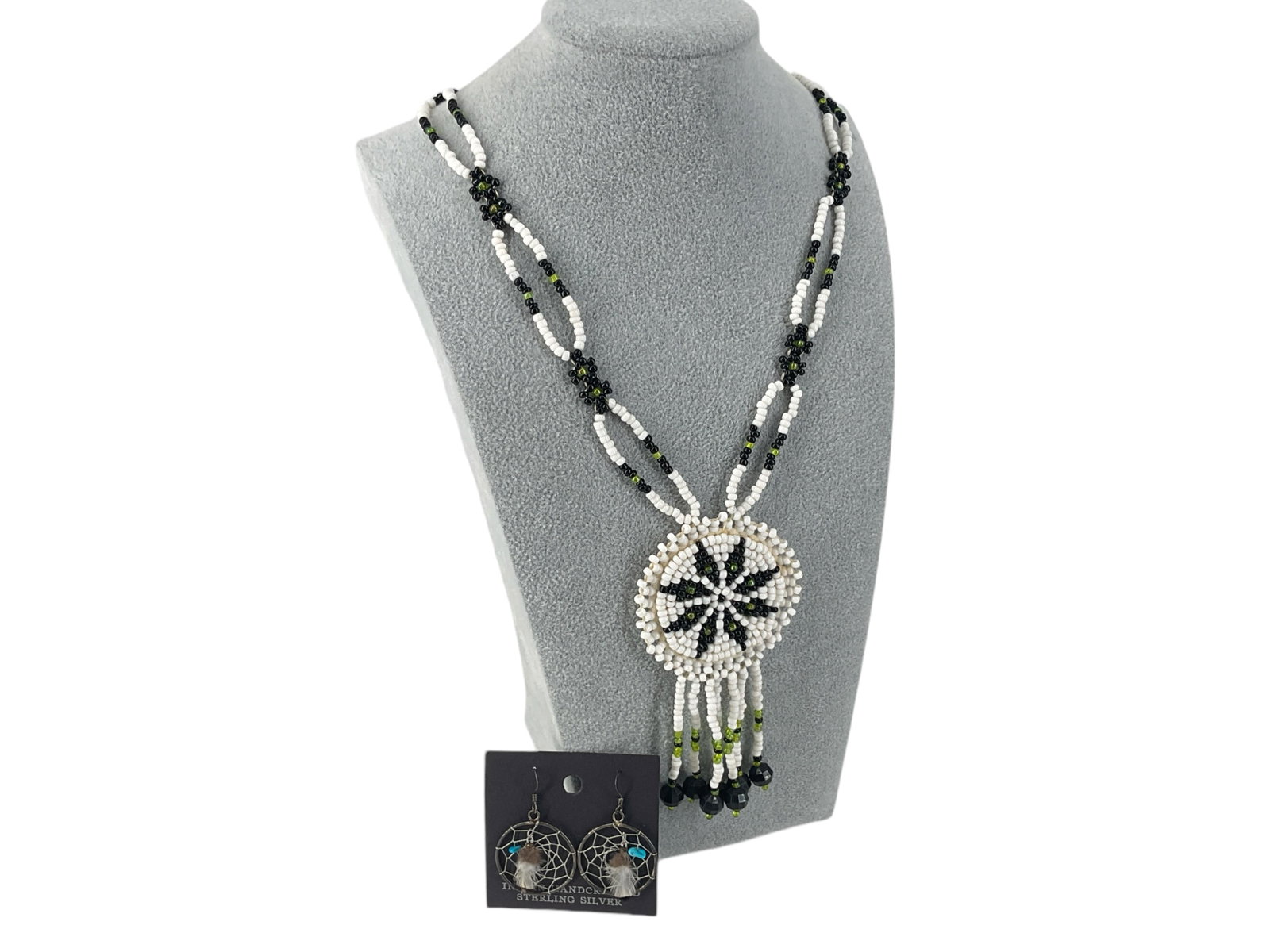 Seminole Glass Bead Necklace and Dreamcatcher Earrings: Seminole Glass Bead Necklace and Dreamcatcher Earrings Necklace comes with a card indicating it is from the Seminole reservation in Florida from 1973 and the necklace is made of glass beads. The neckl