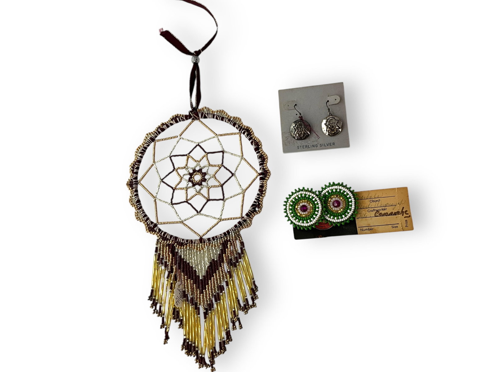 Vintage Beaded Comanche Earrings, Silver Drop Earrings and Beaded Dreamcatcher: Vintage Beaded Comanche Earrings, Silver Drop Earrings and Beaded Dreamcatcher Lot contains a pair of green, white, gold and red beaded circular-shaped earrings which have clip-backs and are on their 