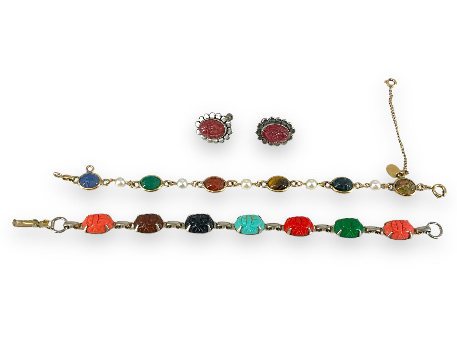 Scarab Fashion Bracelet and Earrings and Signed Stone Scarab Bracelet in Gold-Fill w/Faux Pearls (1 of 6)