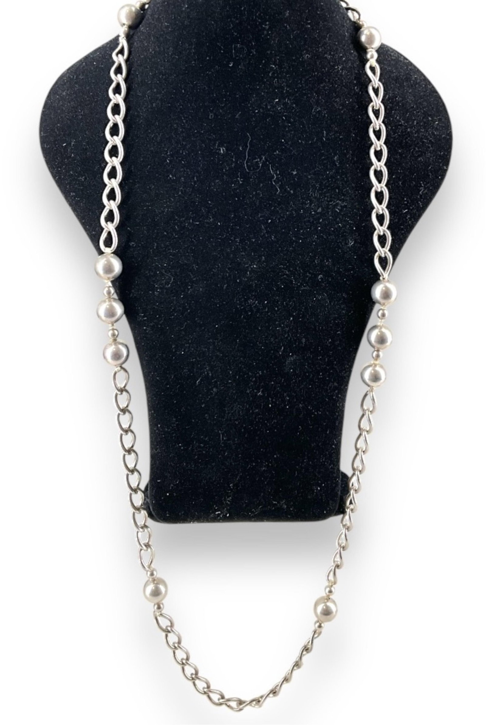 Sterling Silver Necklace: Sterling Silver Necklace Tested sterling silver, no stamps or signatures, 35" in total length, semi-polished metal finish, with bead stations approximately 12.75mm in diameter. 3.375 troy ounces 