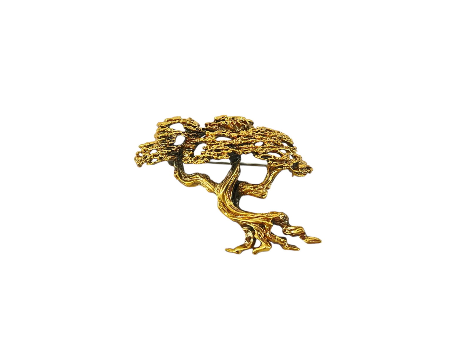 Tortolani Tree Brooch: Tortolani Tree Brooch Retro age, signed on reverse, gold tone metal composition (base metal), 53.0mm in width, tree motif.