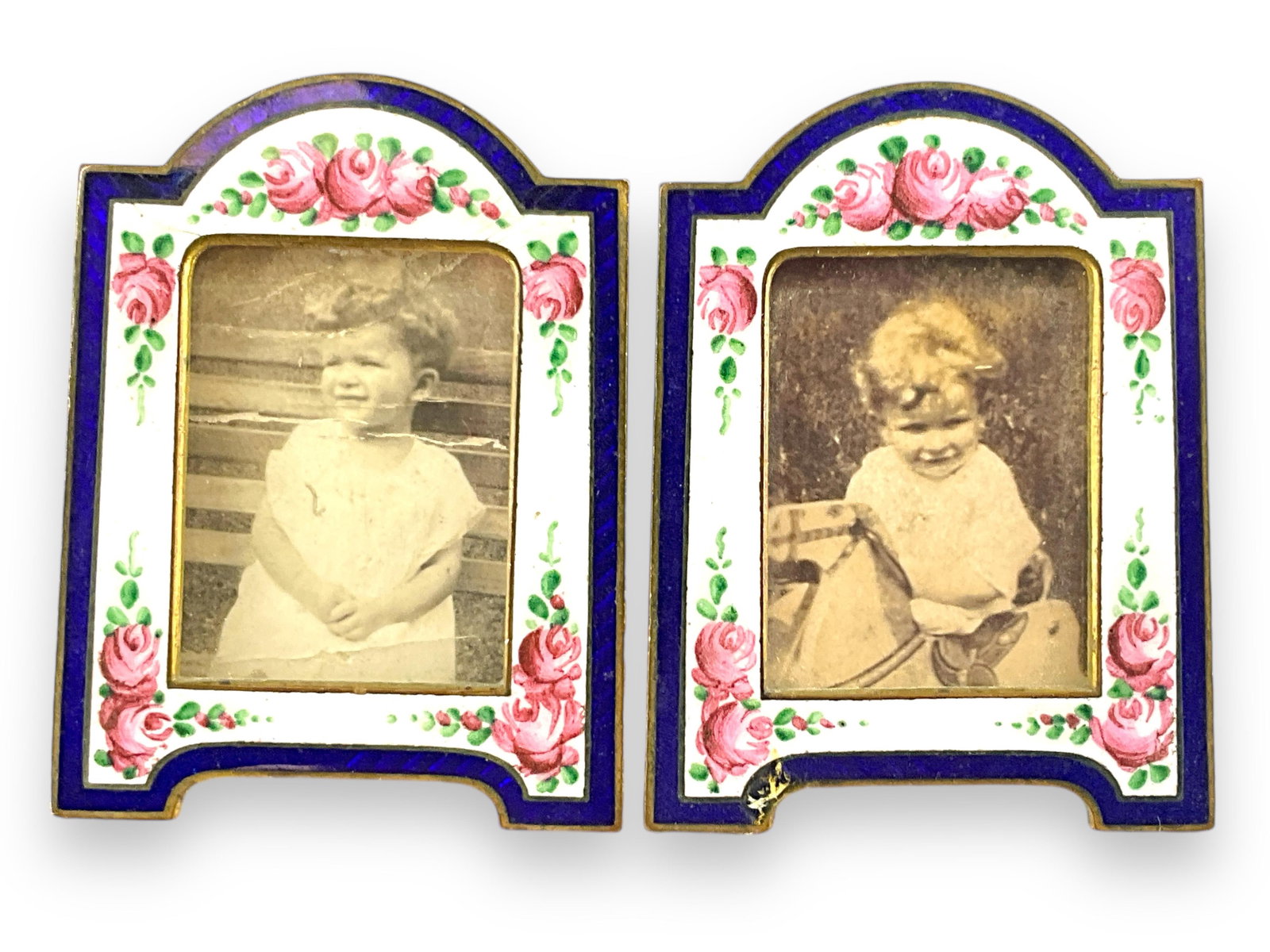 Pair of Small Enameled Frames: Pair of Small Enameled Frames44.25mm in size, vintage ages, with multi-colored enamel overlay, base metal compositions, with small t-stands on reverse. Made in Czechoslovakia.