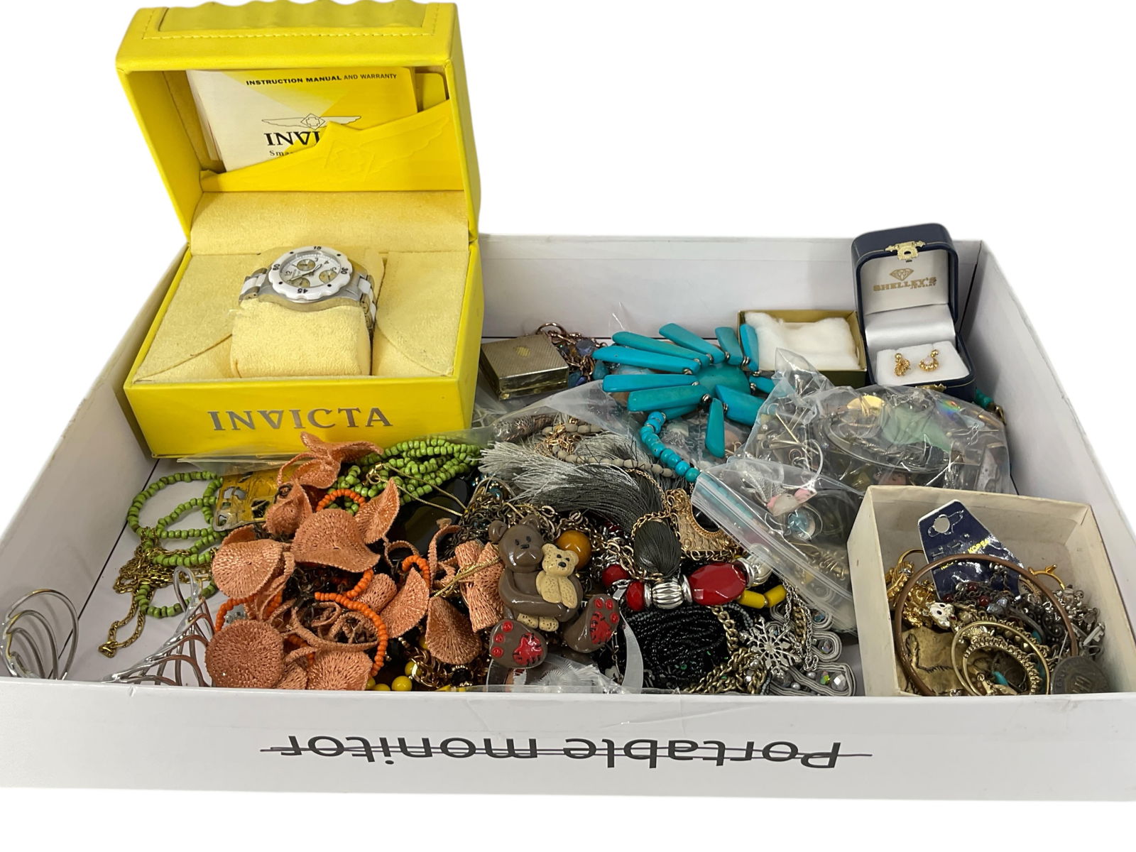 Box Lot Of Jewelry & Accessories: Box Lot Of Jewelry & AccessoriesInvicta watch in box with papers - dial tone white and silver tone band - several areas of rust and or additonal bleishes, gold tone earrings with lab grown opal center