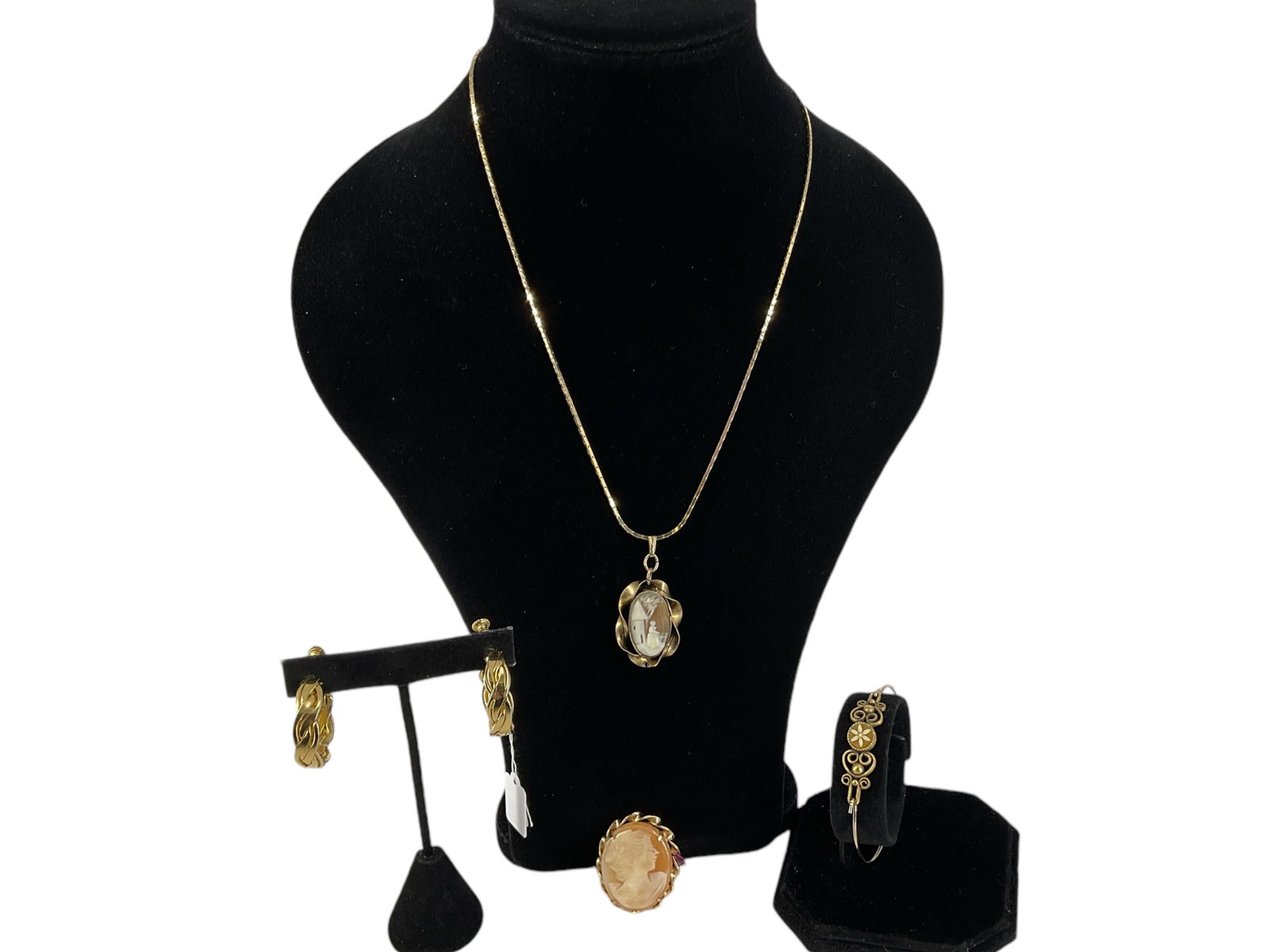 Carved Shell Cameo Jewelry, Signed "Goldette" Hoop Earrings and Wire Bracelet (1 of 10)