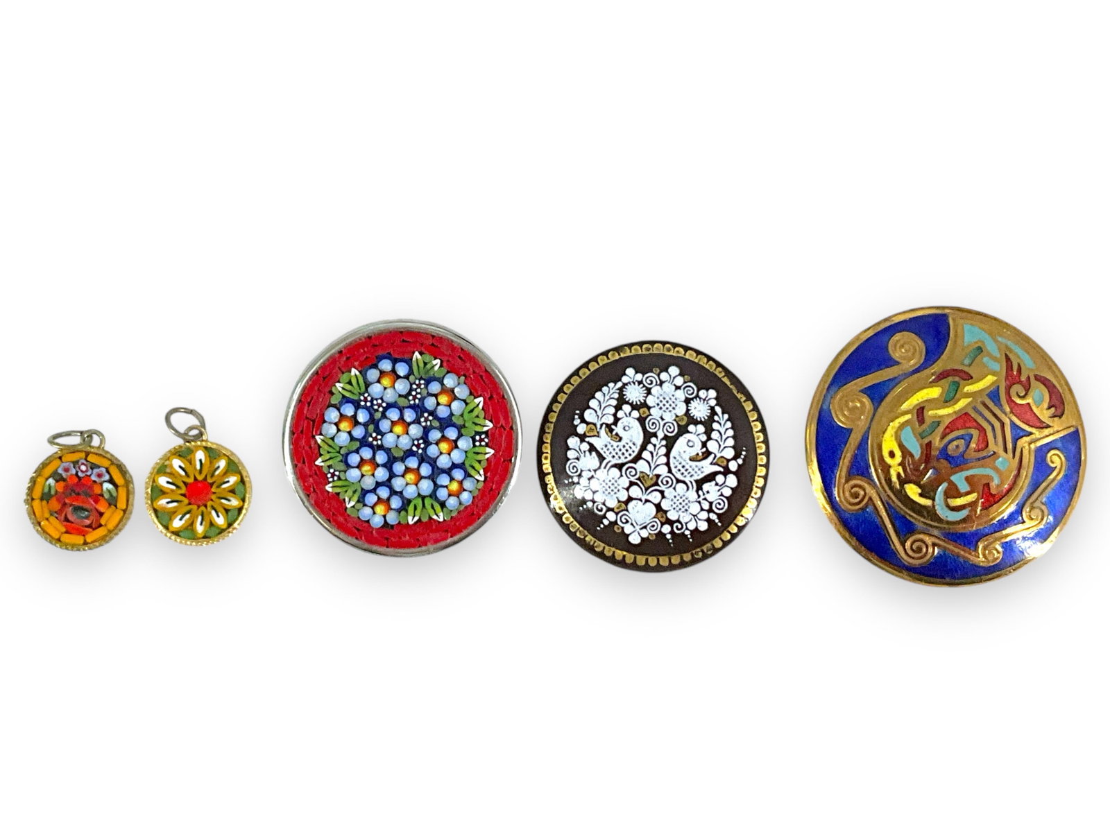 Vintage Pins/Pendants Made in Austria and Italy, Some Micro-Mosaic: Vintage Pins/Pendants Made in Austria and Italy, Some Micro-Mosaic Five pieces include a brown color circle pin marked "Made in Austria" on the reverse with the front having a bird and heart design, p