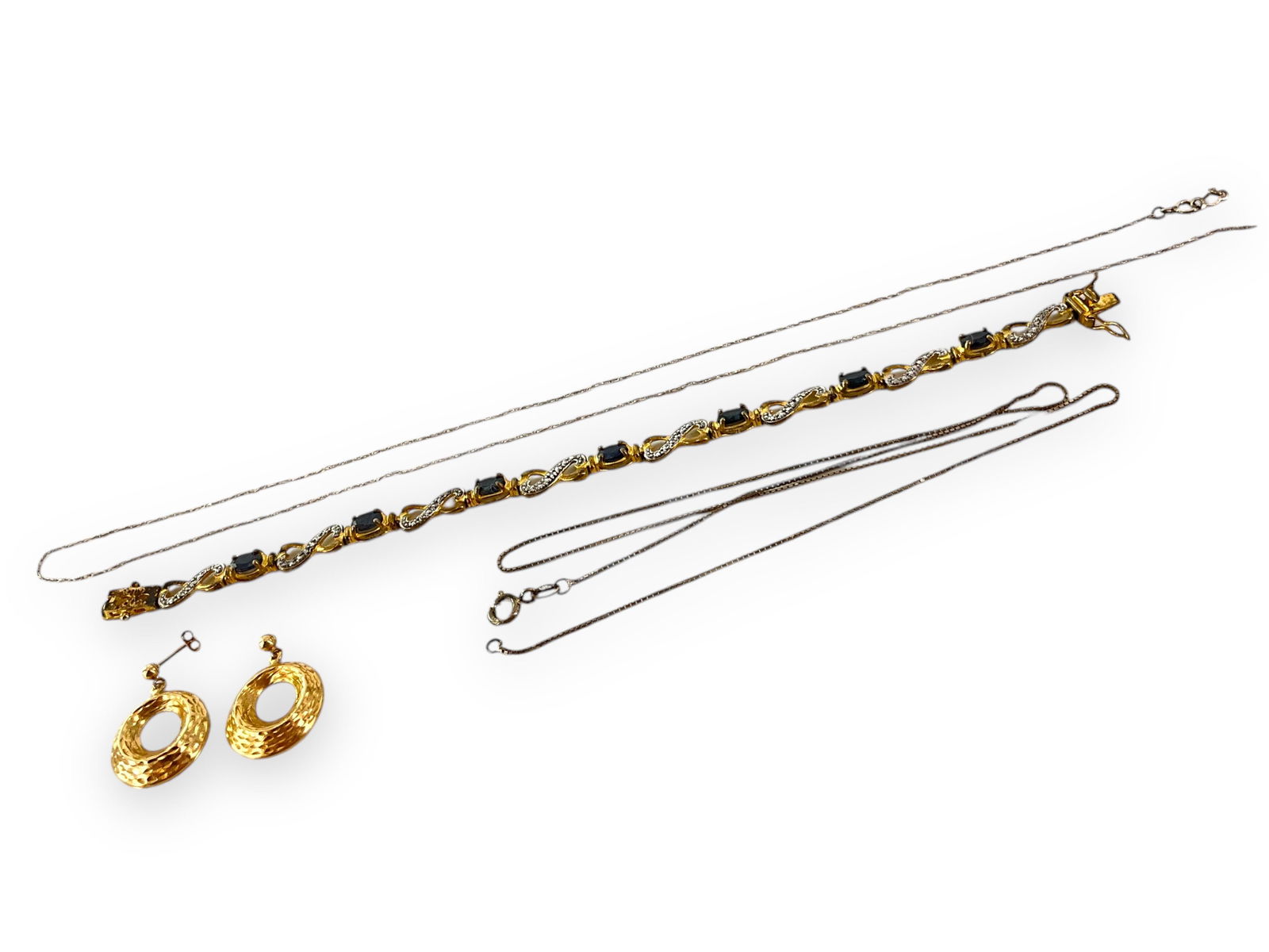 Silver Bracelet w/Gold Overlay & Sapphires, Silver Chain and Gold Earrings (1 of 4)