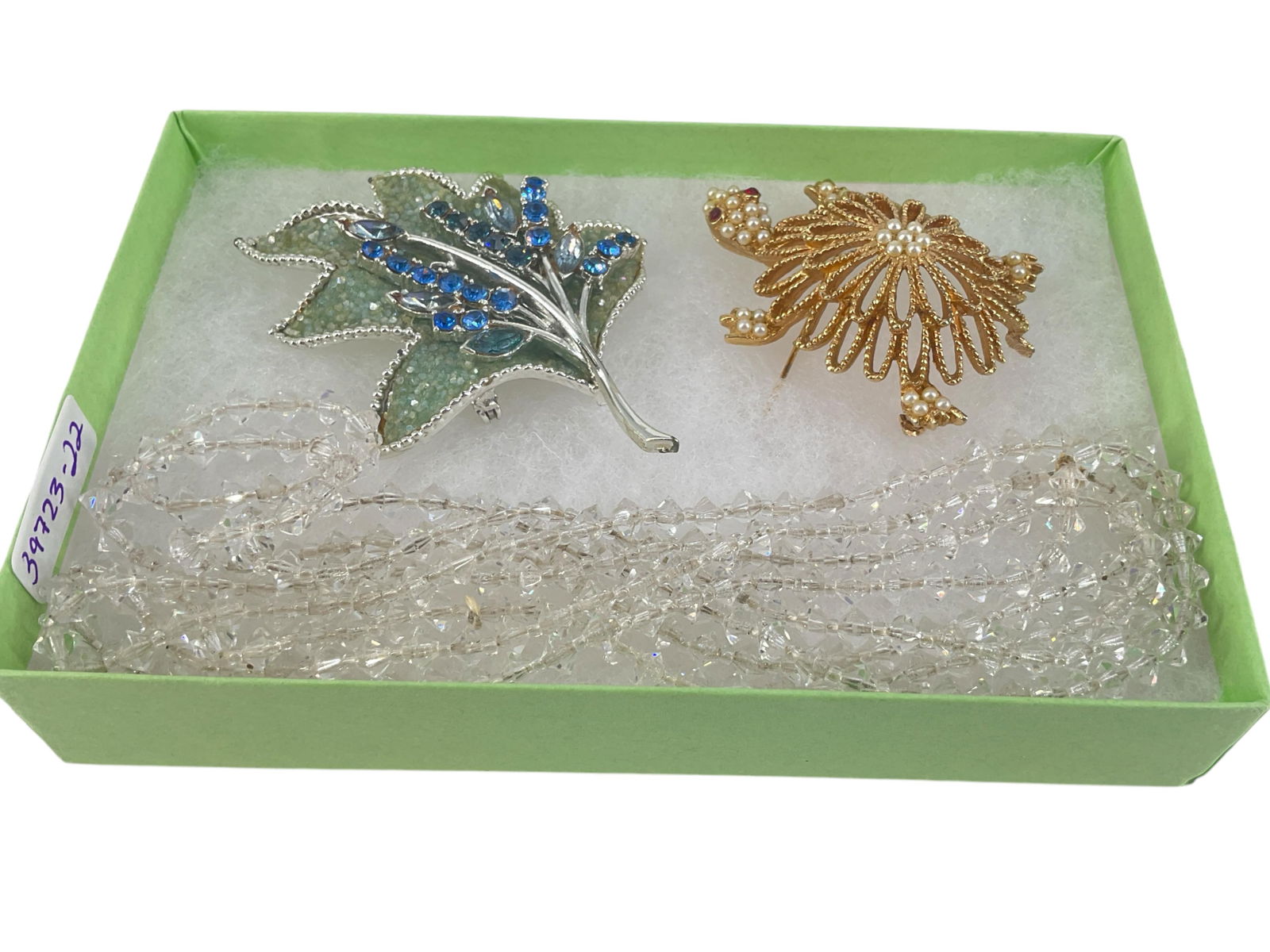 Tiny Vintage Fancy-Cut Crystal Bead Necklace, Turtle Pin w/Faux Pearls and Stamped "Coro" Leaf Pin: Tiny Vintage Fancy-Cut Crystal Bead Necklace, Turtle Pin w/Faux Pearls and Stamped "Coro" Leaf Pin w/Blue Fashion CrystalsNecklace is approx 50" long and is comprised of tiny (approx 5mm) fancy-cut cl