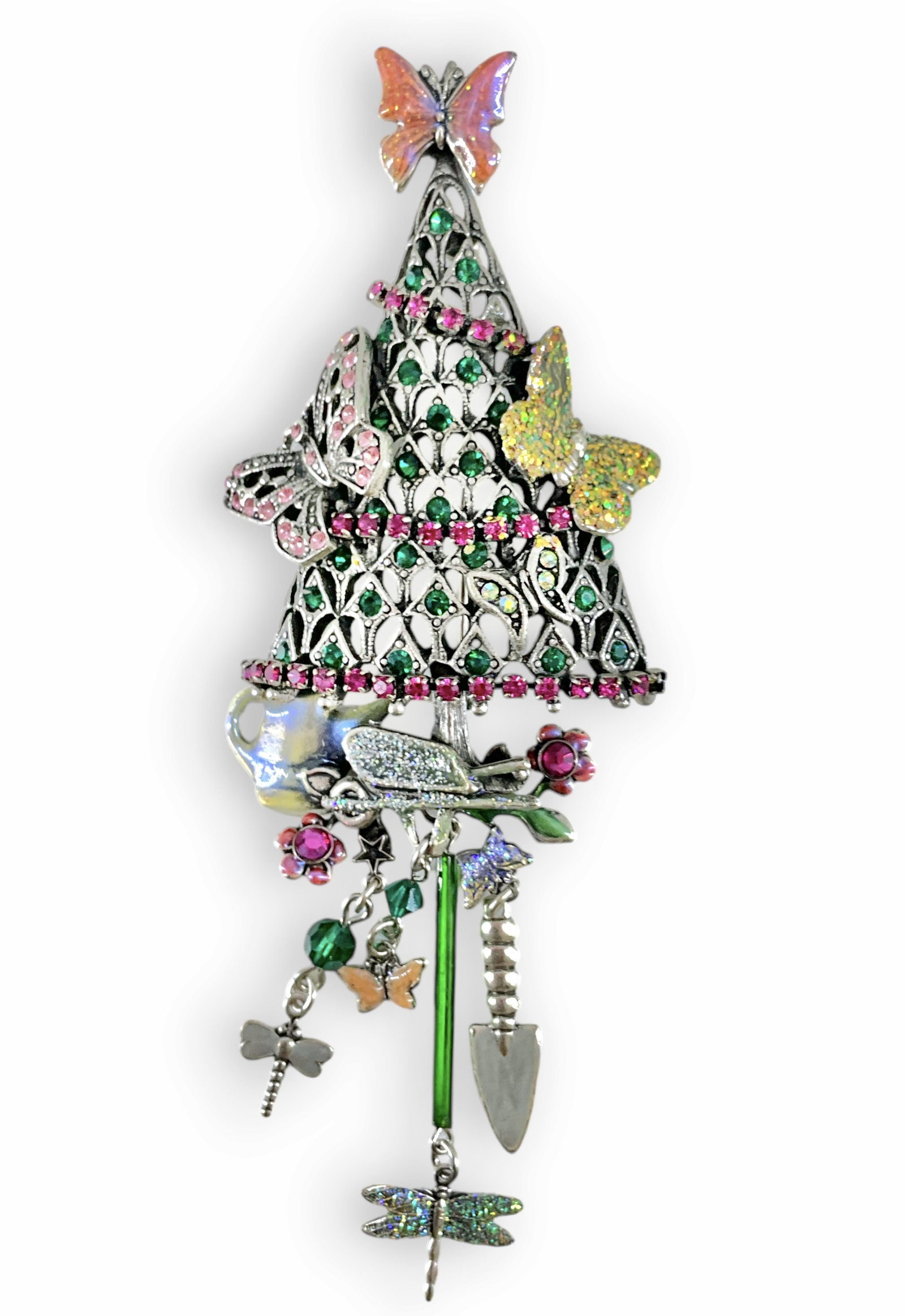 Kirks Folly Christmas Tree Brooch: Kirks Folly Christmas Tree Brooch Silver tone base medal design measuring (4.7" x 1.67") with butterflies, dragonflies, watering can, flowers, enameled and fashion crystal elements.