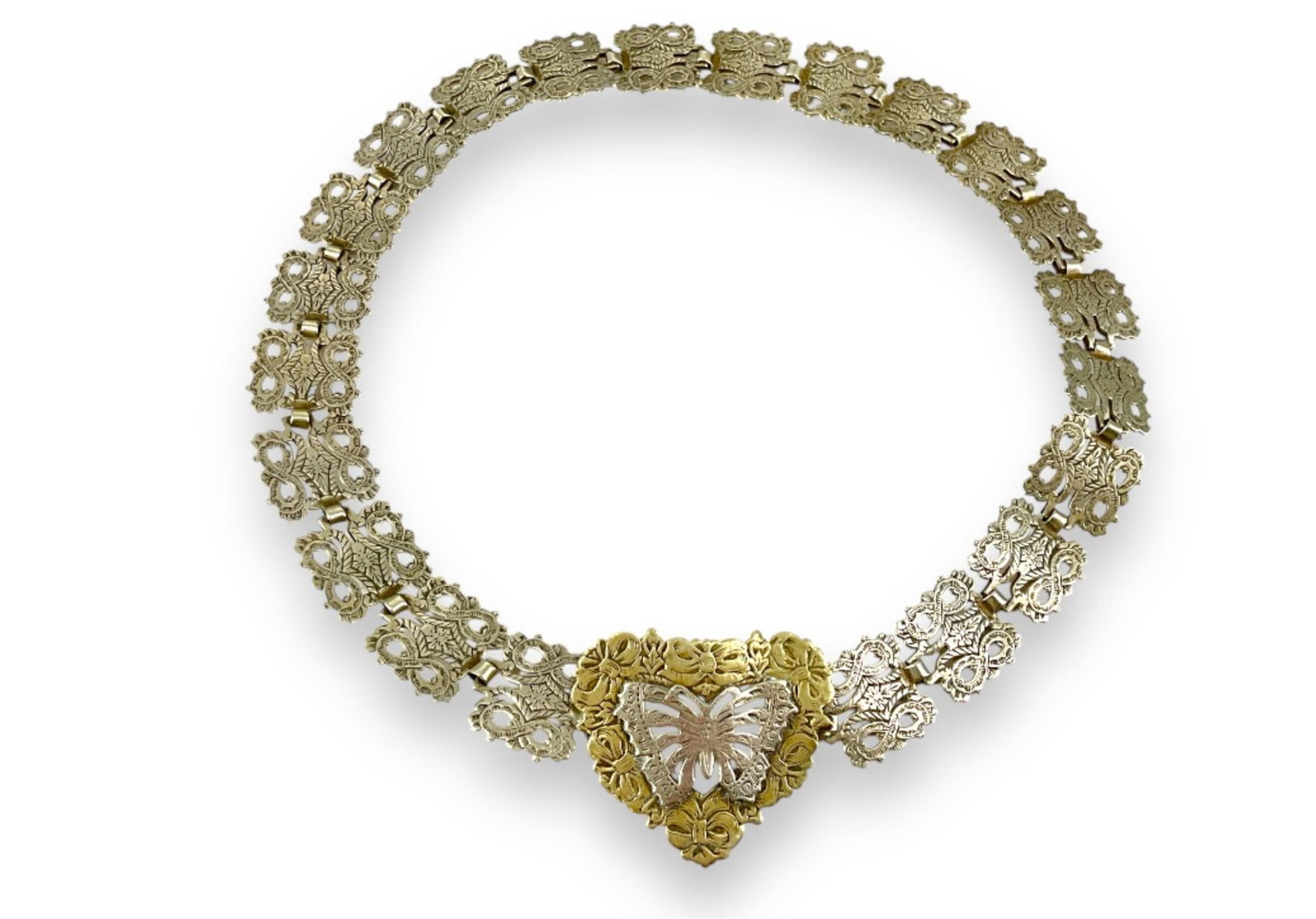 Antique Nickel-Silver Belt: Antique Nickel-Silver Belt E.P.N.S., clasp features a butterfly motif, perforated design, with embossed details on each link, 24" in total length, belt buckle approximately 48.25mm in size.
