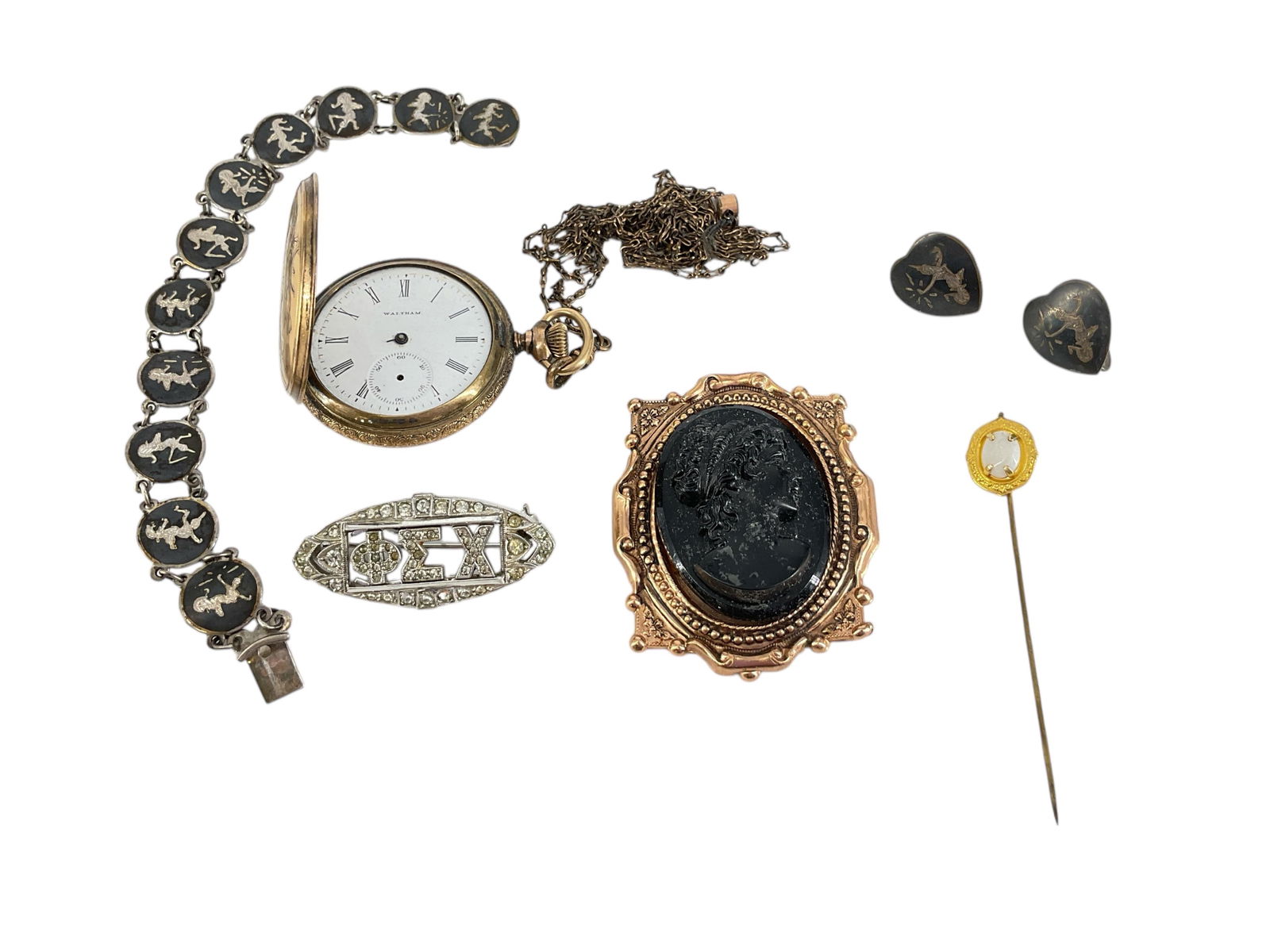 Vintage Accessories: Vintage AccessoriesCameo style brooch in copper frame from Coro, silver tone Greek life pin with clear fashion crystals (1.75") in length, screw back heart shaped Siam sterling earrings, Siam sterling