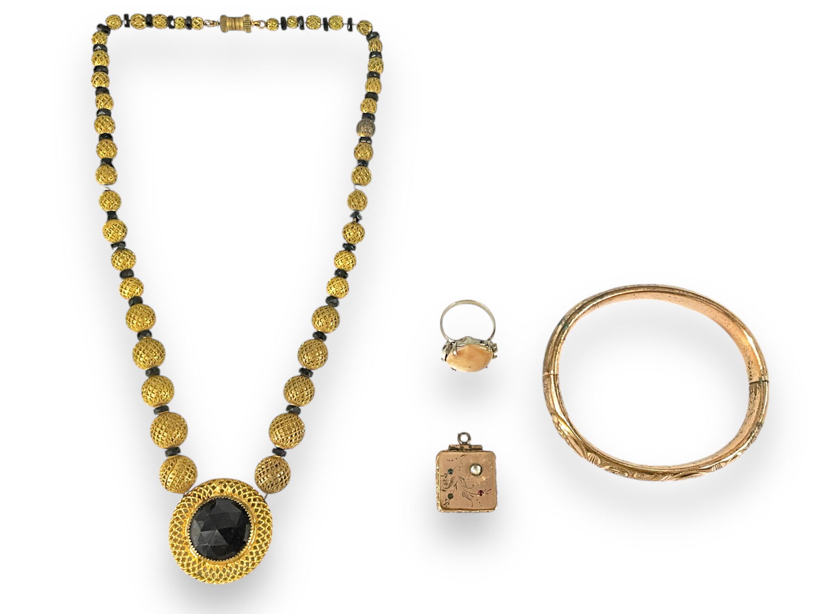 Older Lot: Vintage to Antique Necklace, Gold-Filled Bangle, Gold-Filled Locket and Vintage Abalone: Older Lot: Vintage to Antique Necklace, Gold-Filled Bangle, Gold-Filled Locket and Vintage Abalone RingOlder necklace is approx 16" long and has black faceted roundel spacers, graduated size gold-tone