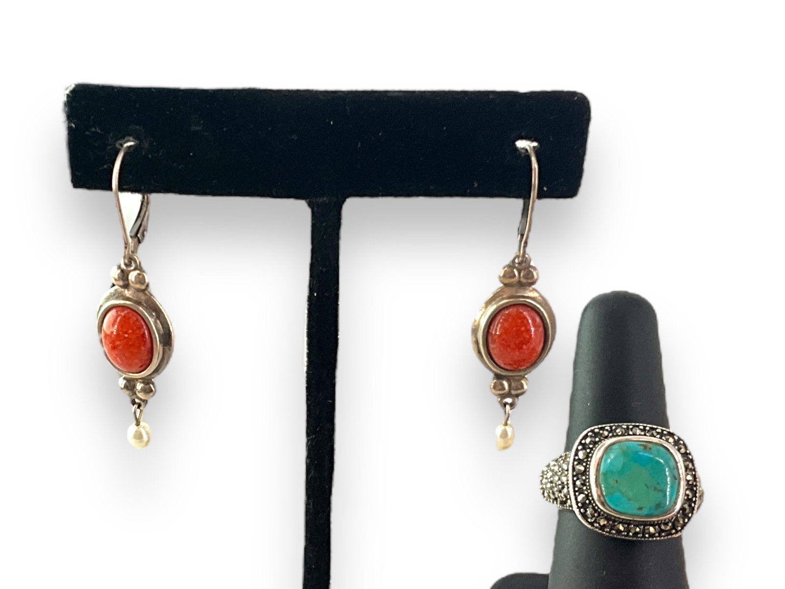 Silver & Turquoise Ring w/Marcasite Accents and Silver Drop Earrings (1 of 5)