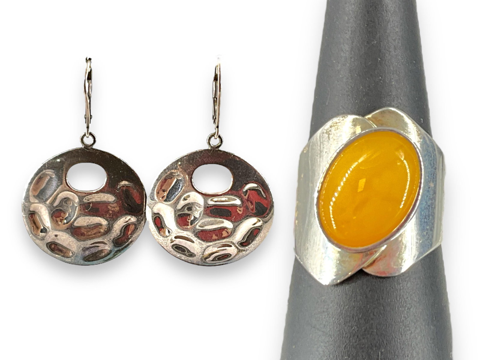Silver Arts & Crafts Style Ring and Hammered Silver Circle Earrings (1 of 9)