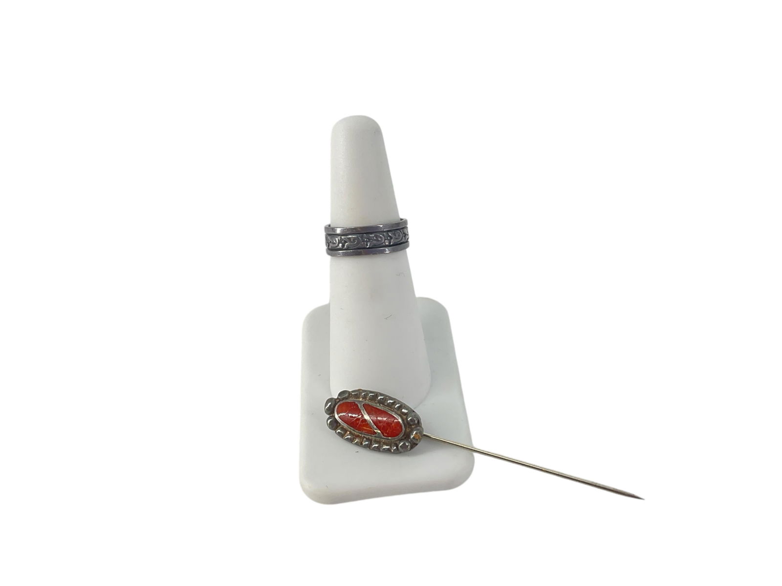 Silver Stickpin w/Coral Matrix and Silver Ring (1 of 7)