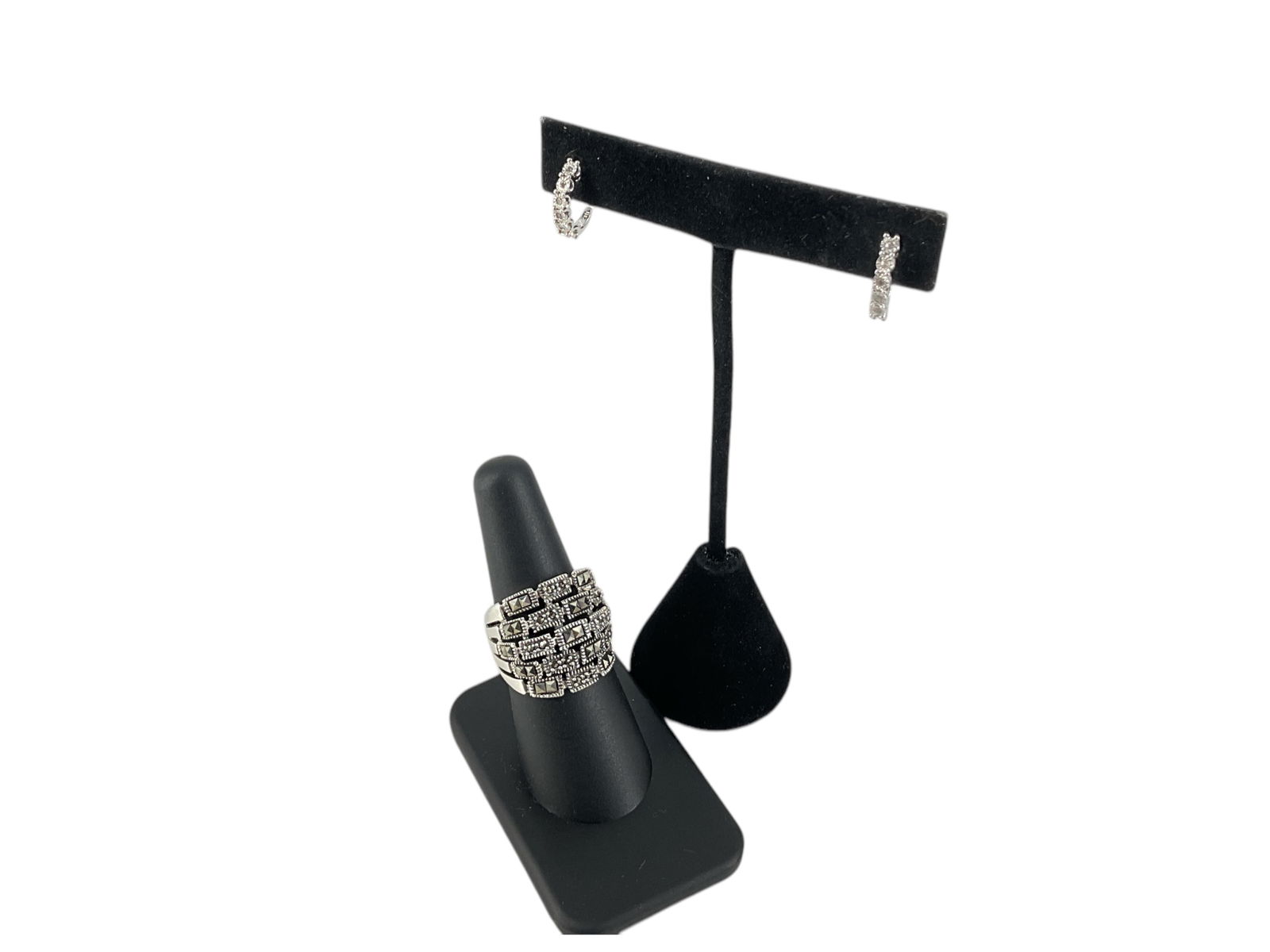 Silver and Marcasite Band and Half-Hoop Earrings w/Tiny Diamonds in Silver (1 of 8)