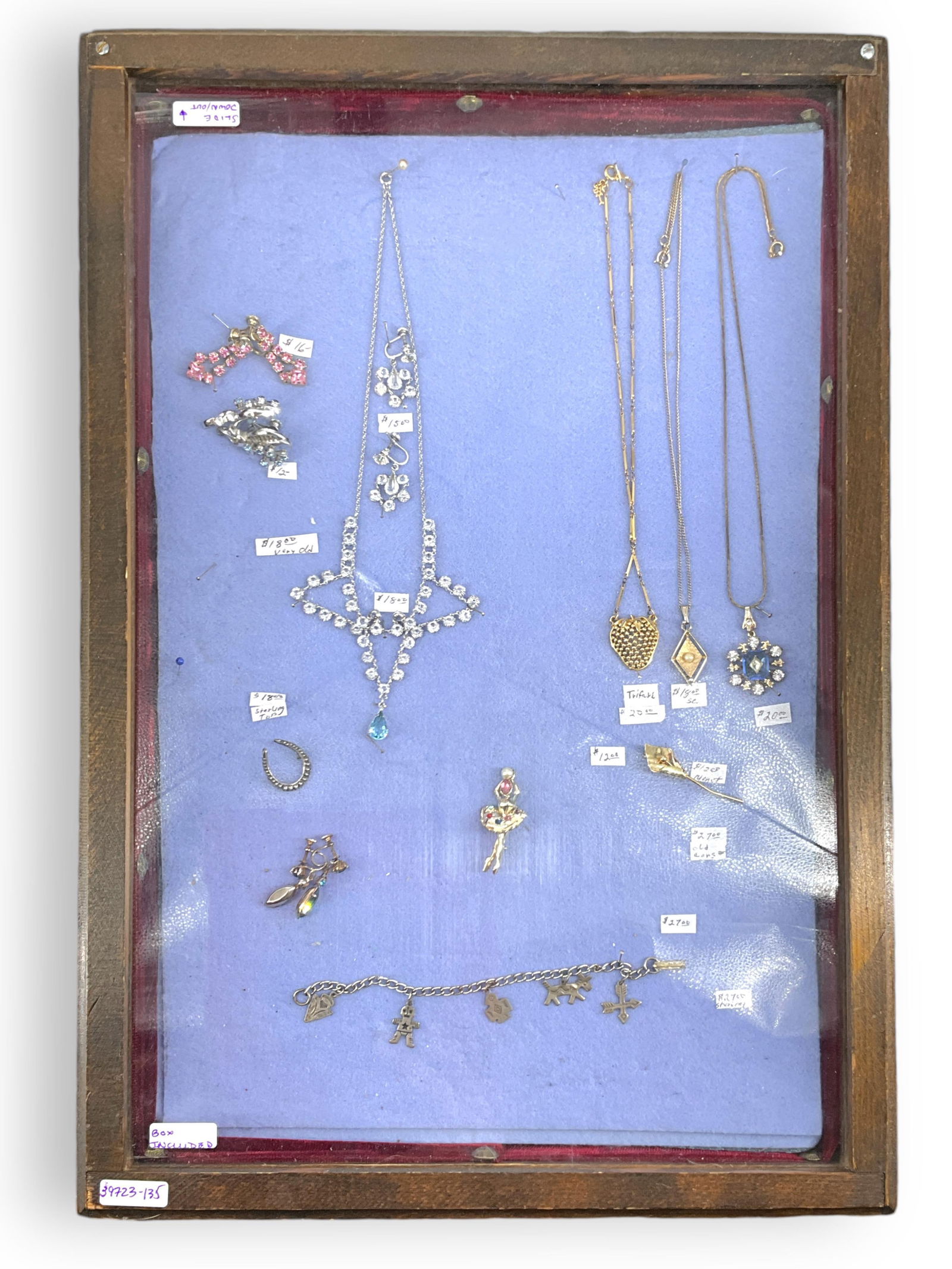 Wood Display Box w/Vintage Fashion Jewelry Including Ballerina Pin (1 of 8)