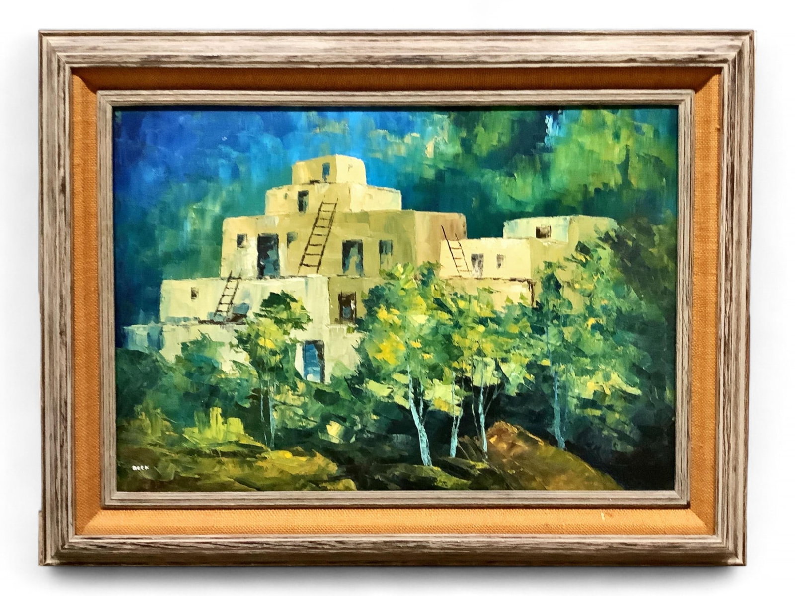 Original Signed Painting by Beck Painting measures 30" x 21"; frame measures 37" x 27".: Original Signed Painting by Beck This painting of Pueblo architecture is done with a palette of blues and greens on canvas. Painting measures 30" x 21"; frame measures 37" x 27".