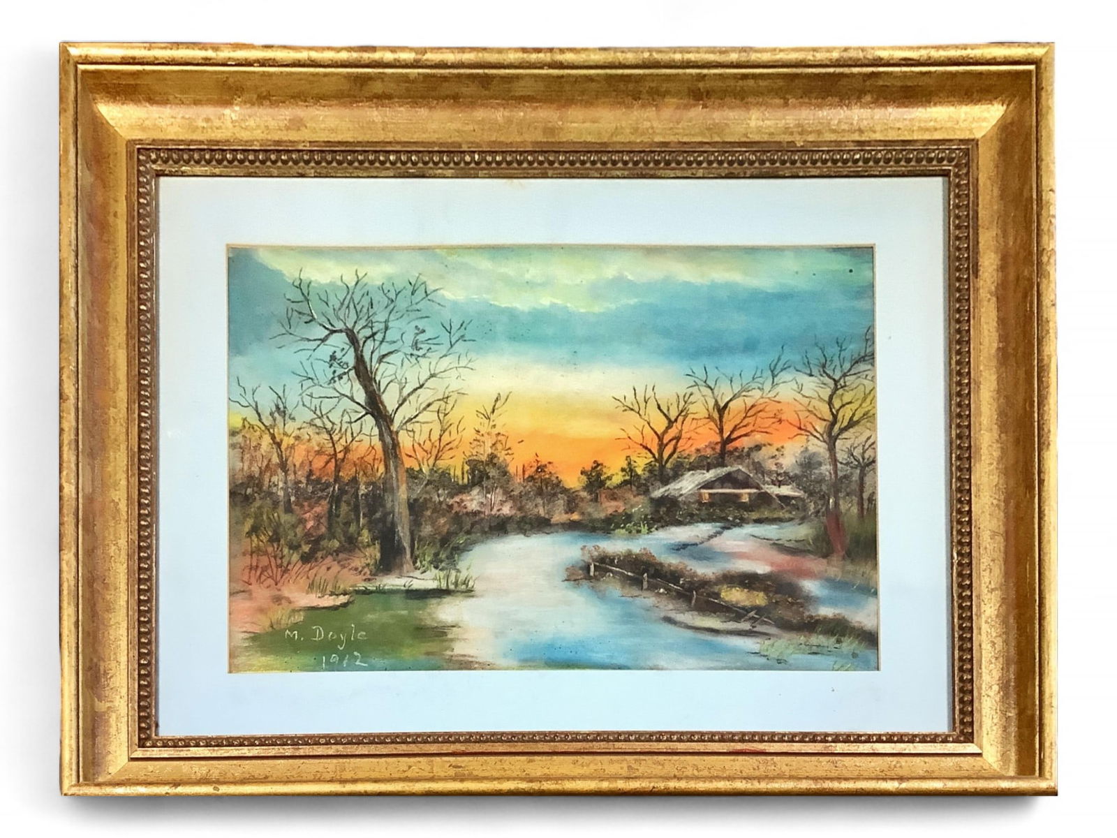 Original Painting of Sunset at a River Image measures 22.5" x 15"; frame measures 33" x 25". (1 of 4)