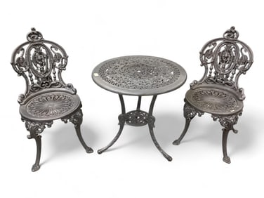 Grey 3 Pc. Cast Iron Patio Set Table 24" H x 24 1/2" Dia. Chairs 31" H in back