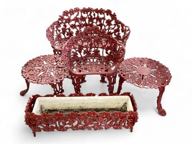 5 Piece Set of Cast Iron Grape Vine Garden Furniture Painted Red