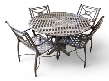 Metal Patio Set with 4 Chairs & Pedestal Table Table 29" H x 49" across