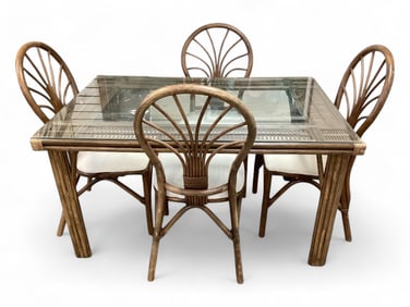 Glass Topped Rattan Table with 4 Chairs 28 1/2" H x 35 1/2" L x 36" W
