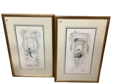 2 Prints of a Lady in the Garden Playing an Instrument