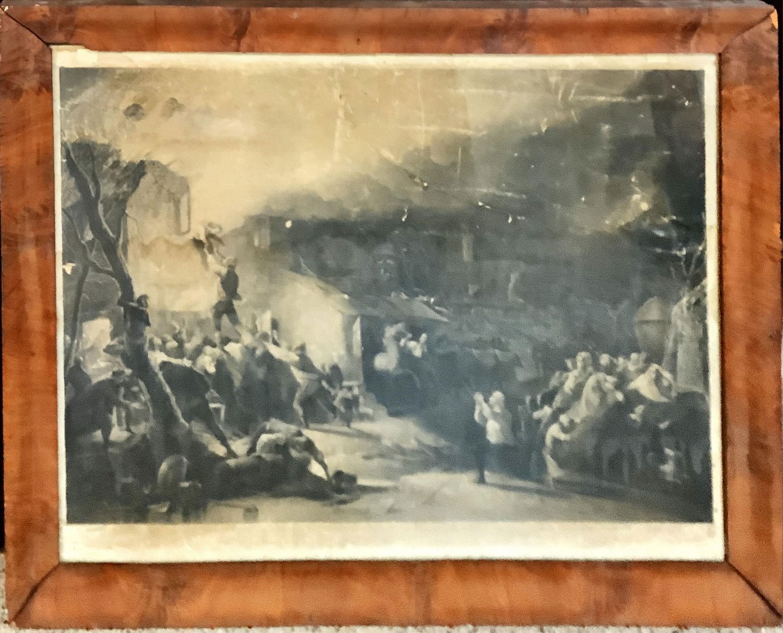 Steel Engraving of John Wesley Rescued from Fire Measures 37" x 30".: Steel Engraving of John Wesley Rescued from FireIdentified as being rescued from a fire in 1947 representing a fire from 1840, this engraving shows its age. It's in a wooden frame with a glass cover.P