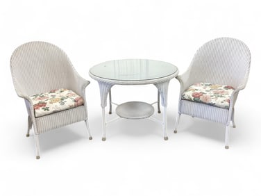 2 White Wicker Chairs and Round Glass Topped Table Table 30" H x 41" in Dia.