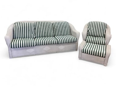 White Wicker Couch, Chair & Ottoman Set