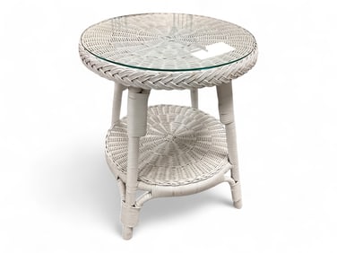 White Wicker Round Side Table with Glass Top 23" H x 19" Dia.