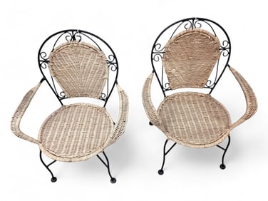 Pair of Metal & Wicker Doll or Child's Chairs 20" H in back x 9 1/2" H to top of seat
