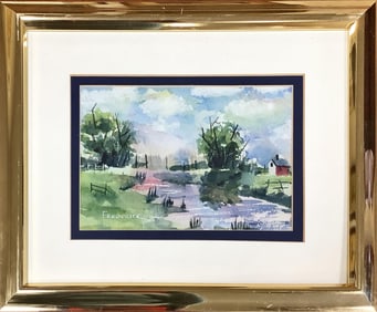 Signed Watercolor Painting of River in the Countryside