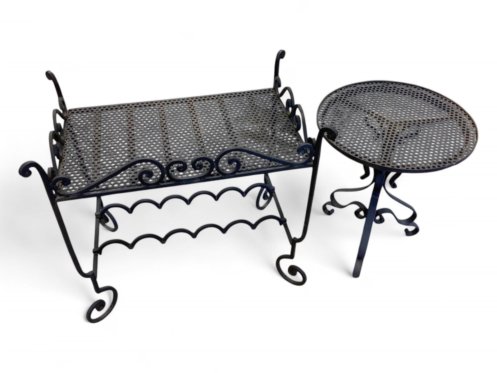 Cast Iron Wine Rack & Round Side Table Wine Rack 26" H overall x 26 1/2" L x 16" D Table 21 1/2" H x: Cast Iron Wine Rack & Round Side TableWine Rack 26" H overall x 26 1/2" L x 16" D Table 21 1/2" H x 18" In Dia.
