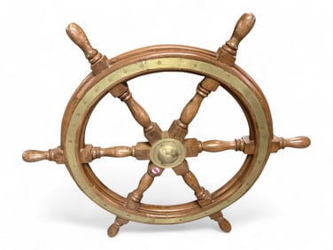 JC Krohn & Son Wood and Brass Ship Steering Wheel Bergen Norway 38" From handle tip to handle tip.