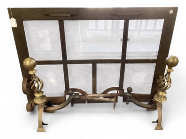 Large Metal Fireplace Screen and Andirons with Brass Tops Measures 49" x 34.26".