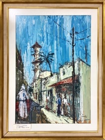 Original Painting of Street in Jerusalem Painting measures 13.5" x 20.5"; frame measures 19" x 26".